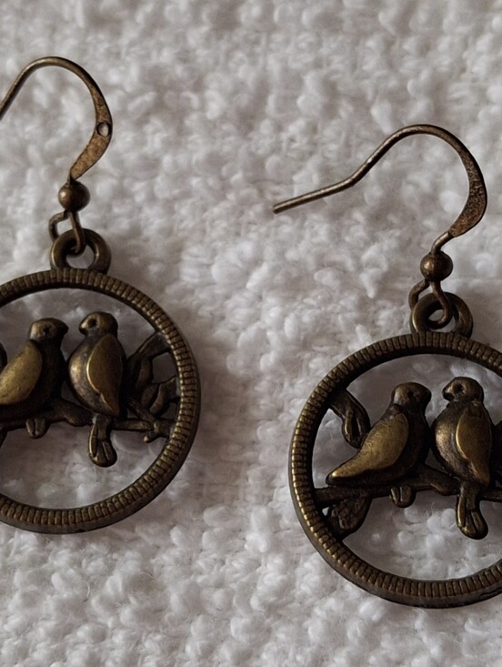 Handmade Jewelry - Antique Bronze Bird Hoop Drop Earrings - Unbranded